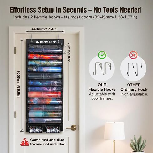 Playmat Tube Storage Bag Holds 12 Playmats,MTG Playmat Holder with Transparent Slots & 2 Detachable Dice Pouches,Hanging TCG/RPG Game Mat Organizer with Door Hooks & Wall Mount（12 Tubes, Black） in Saudi Arabia