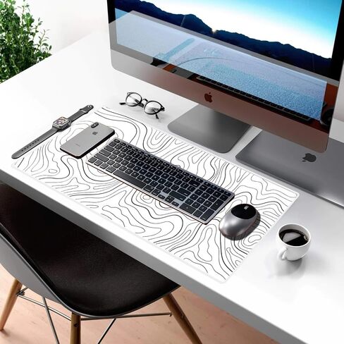 Large Gaming Mouse Pad Extended XXL Mouse Mat Long Desk Pad with Stitched Edges for Keyboard Home Office Gaming Work Big Desk Pad (35.4x15.7x0.12IN, 90x40),White Topographic in Kuwait