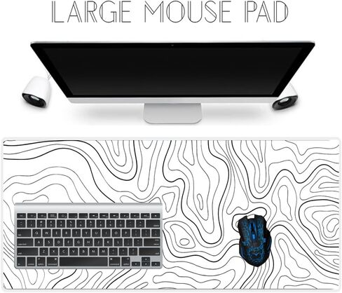 Large Gaming Mouse Pad Extended XXL Mouse Mat Long Desk Pad with Stitched Edges for Keyboard Home Office Gaming Work Big Desk Pad (35.4x15.7x0.12IN, 90x40),White Topographic in Kuwait