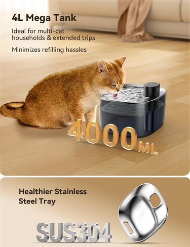 Cordless Cat Water Fountain for Drinking - 4L No Pump Easy to Clean, 4000mAh Battery Operated Pet Water Fountain for Cats Indoor with 6 Pack Filter, Stainless Steel Tray & Low Water/Power Remind in Saudi Arabia