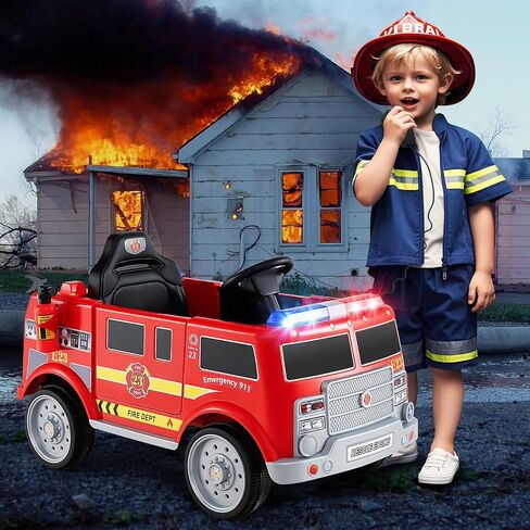 Costzon Kids Ride on Fire Truck, 12V Battery Powered Fire Car w/Remote Control, Extinguisher, Shovel, Loudspeaker, Music, Sirens, Lights & Wireless Connection, Electric Vehicle for Kids(Fire Truck) in Saudi Arabia