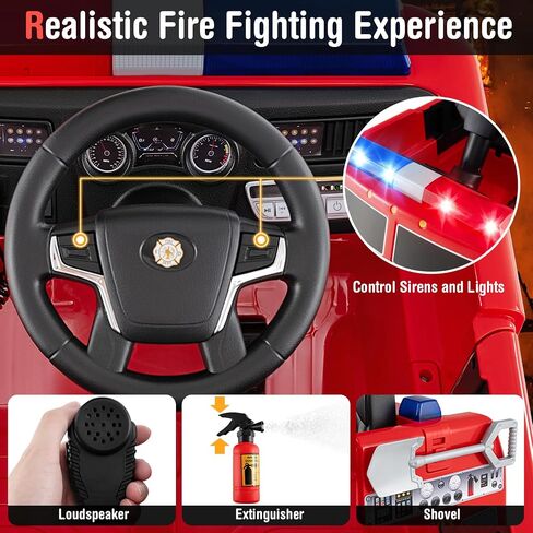 Costzon Kids Ride on Fire Truck, 12V Battery Powered Fire Car w/Remote Control, Extinguisher, Shovel, Loudspeaker, Music, Sirens, Lights & Wireless Connection, Electric Vehicle for Kids(Fire Truck) in Saudi Arabia