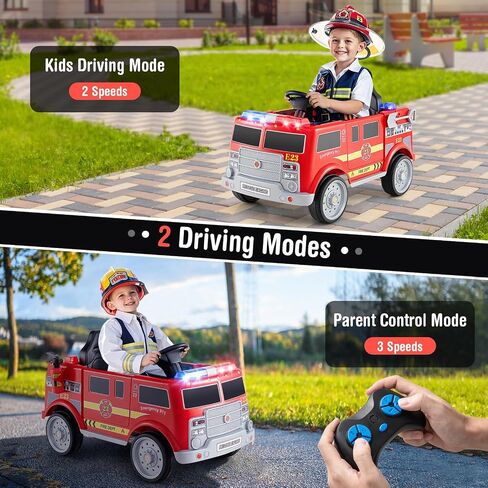 Costzon Kids Ride on Fire Truck, 12V Battery Powered Fire Car w/Remote Control, Extinguisher, Shovel, Loudspeaker, Music, Sirens, Lights & Wireless Connection, Electric Vehicle for Kids(Fire Truck) in Saudi Arabia