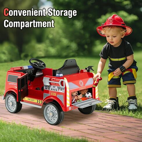Costzon Kids Ride on Fire Truck, 12V Battery Powered Fire Car w/Remote Control, Extinguisher, Shovel, Loudspeaker, Music, Sirens, Lights & Wireless Connection, Electric Vehicle for Kids(Fire Truck) in Saudi Arabia