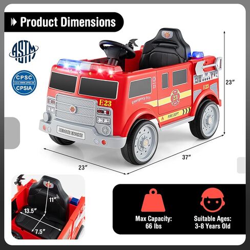 Costzon Kids Ride on Fire Truck, 12V Battery Powered Fire Car w/Remote Control, Extinguisher, Shovel, Loudspeaker, Music, Sirens, Lights & Wireless Connection, Electric Vehicle for Kids(Fire Truck) in Saudi Arabia