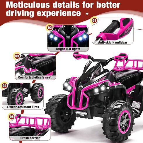 Soar Four Wheeler for - Electirc Toddler 4 Wheeler for 3-6, Ride on ATV 12v Battery Powered, Quad with LED Lights, Music, High Low Speed, USB/TF, Treaded Tires, Pink in Saudi Arabia