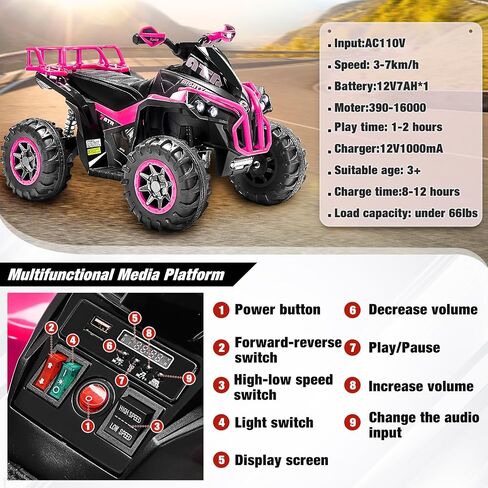 Soar Four Wheeler for - Electirc Toddler 4 Wheeler for 3-6, Ride on ATV 12v Battery Powered, Quad with LED Lights, Music, High Low Speed, USB/TF, Treaded Tires, Pink in Saudi Arabia