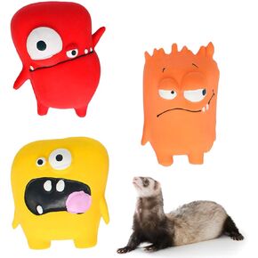 Squeaky Ferret Toys - 3 Pack Monster Teething Chew Toy with Squeaker. Made of Natural Rubber. Ideal for Small Dogs, Rats, Puppy. Perfect Pet Cage Accessory.