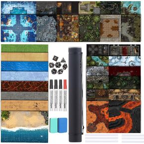 DND Map 32 Terrain 24" x 36",17" x 17",13" x 17" Double Sidedv Grids Dry Erase Battle Mats for Dungeons & Dragons Game with Dice Set,Clips,Eraser,Markers