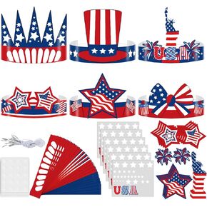 Lonfliness 24 Sets 4th of July Paper Headbands Craft Kits DIY Patriotic Paper Hat Independence Day Crown with USA Star Cutouts Art Craft Set for Kid Memorial Day Party Favor School Home Activity