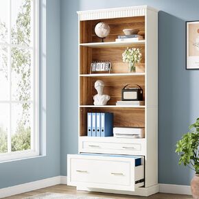 TRIBESIGNS WAY TO ORIGIN 2-Drawer Vertical File Cabinet for Letter Size, Moder Filing Cabinet with 5-Tier Bookshelf, Large Printer Stand with Open Storage Shelves for Home Office (White)