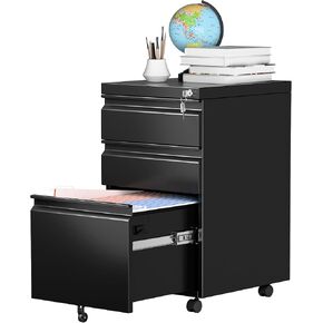 3-Drawer Mobile File Cabinet, Metal Lockable Filing Cabinet with Wheels Under Desk Office for Home Office, Wheels Need to Assemble, Black