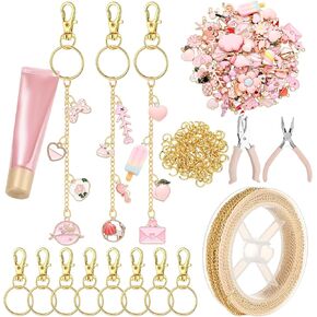 VioraWhite 213 Pcs Lip Gloss Keychain Making Kit 100 Pink Enamel Charms 32.81 ft Gold Chains for DIY Crafts Women (Stylish)