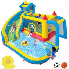 Inflatable Bounce House with Water Slide for 3-12 Kids Backyard, 10 in 1 Blow Up Jumping Bouncer with Slide, Climbing Wall, Obstacles, Trampoline, Toys, Indoor and Outdoor, Come with Blower