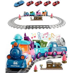 Train Toys with Train Tracks Accessories for Toddlers 3+ Electric Magnetic Train Set with 5 Alloy Car and 4pcs Linked Engineering Vehicle Sound and Light Effect Toy Trucks for Boys and Girls