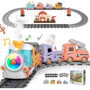 Train Set for Toddlers w/Smokes,Music & Lights - Electric Magnetic Choo Choo Steam Train Set with Tracks Truck Playset for Toddlers 1 3 5 6 Year Old Boys Girls Christmas Birthday Gift