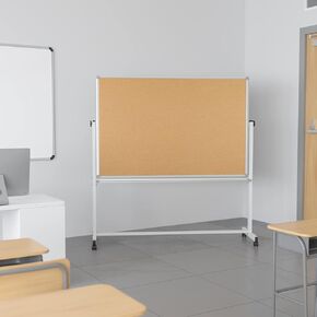 Reversible Mobile Cork Bulletin Board and White Board with Pen Tray, 64.25"W x 64.75"H