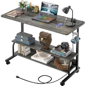 32" Height Adjustable Standing Desk with Power Outlets - Manual Rolling Stand Up Desk with Wheels Small Portable Computer Desk Mobile Laptop Table with Storage Shelves for Home Office, Rustic