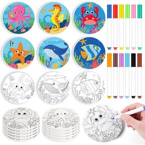 12 Pcs DIY Coasters Ocean Animal Craft Kits Color Your Own Ceramic Coaster Summer Art to Paint with Markers and Cork Backing Absorbent for Birthday Party Favor Home Table Decoration