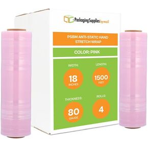 PSBM Anti-Static Stretch Wrap, 4 Pack, 18 Inch x 1500 Feet, 80 Gauge, Pink, Down Gauge Large Plastic Cling Film for Pallets Moving Storing