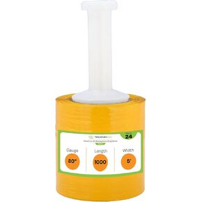 PSBM Yellow Mini Stretch Wrap with Plastic Handle, 24 Pack, 5 Inch x 1000 Feet, 80 Gauge, Color Plastic Cling Film Rolls for Color Coding Storing Shipping Pallets