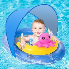 HYRIXDIRECT Baby Pool Float with Canopy UPF50+ Sun Protection, Pool Floats Kids with Ocean Animal Toys and Adjustable Safety Seat for Beach, Swimming for 6-36 Months Babies
