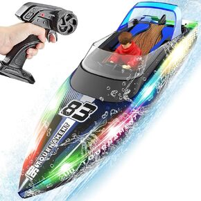 RC Boat with LED Lights, 40+ Mins, Self-Righting Waterproof Remote Control Boat for Pools, Lakes, Bathtubs, Summer Water Toys for Kids, Radio Controlled Watercraft (Blue)