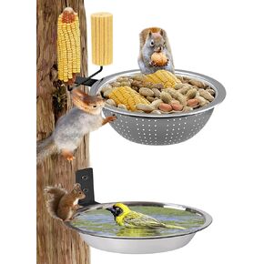 Karshall 2 Pack Squirrel Feeder+Bird Feeder, Removable Bird Water Bath Bowl with Drainage Holes, Multi-Function Wildlife Feeders, Corn Cob Squirrel Feeders for Outside,Easy to Install,Clean,Refill