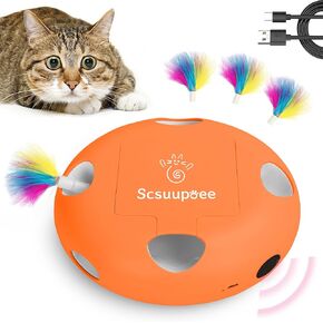 Interactive Cat Toy, Electric Cat Toys for Moving Concealed Feathers, Smart Sensor 7 Holes Whack a Mole Feather Toy, USB Charge Automatic Kitten Toys,White