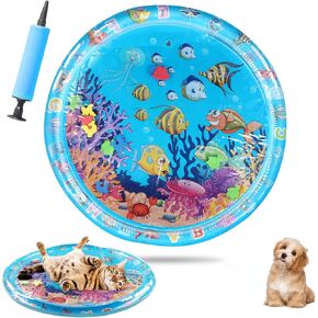 Cat Water Bed Play Mat, Ocean Thickened Water Sensor Cat Toy, Anti-Scratch Design Pet Water Mat with Fish,Interactive Sensory Play Sleeping Mats for Summer with Air Pump