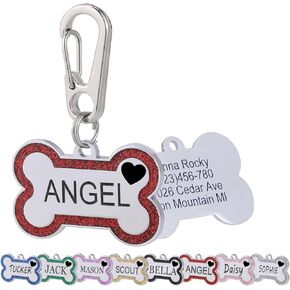 Personalized Dog Tags for Pets Deep Engraved Text and Cute Heart Icons Glittering Bone Shapes Double Sided Engraving Suitable for Dogs and Cats ID Tags Collar Accessories