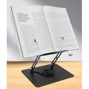 Book Stand for Reading, Wooden Desktop Ricer, Foldable Book Holder with 360° Swivel Base, Cookbook Stand with Elastic Page Clips for Home Office, Laptop, Tablet,