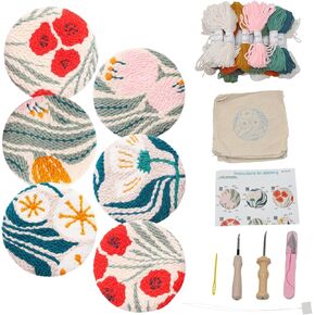 Mooncci Punch Needle Coaster Kit, 6pcs Flower Pattern Needle Punch Kits with Tools and Instructions for Adults Beginners, Great Festival Gift and Decoration Ideas