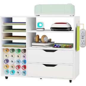 Rolling Craft Organization and Storage Cart Compatible with Cricut Machine Cricut Table Organizer With Drawers,Vinyl Roll Holder,Paper Storage,Charge Station,Hooks, for Home Craft Room