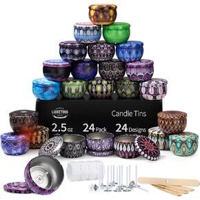 Luxetins 24 Pack Empty Candle Tins, 24 Designs Metal Tins,Candle Containers with Lids,Bulk Candle Jars,Wicks, Stickers, Wicks Holder for DIY Candle Crafting Small Businesses(2.5OZ×24PCS)