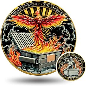 Dumpster Fire Challenge Coin - Phoenix & Knight Design - Transformed by The Flames & Strongest Steel Forged in Fire - Funny Accessories - Inspirational Gifts for Men, Women, Coworkers (1 Pcs)