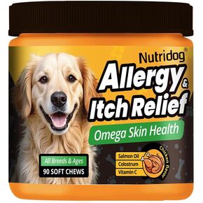 Allergy Chews for Dogs - Dog Itching Skin Relief & Seasonal Allergy Support with Chamomile, Salmon Oil, Quercetin - Probiotic Dog Allergy Relief Treats, Chicken Flavor (90 Count, Chicken)