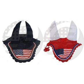 USA Flag Horse Ear Bonnet Fly Veil Crochet Equestrian Bonnet in 2 Style (COB, USA Flag RED)