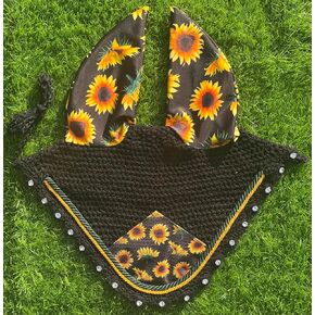 Elegant Sun Flower Horse Ear Bonnet, Fly Veil & Fly Mask – Fly Protection with Style and Comfort for Every Ride (Horse/Full)