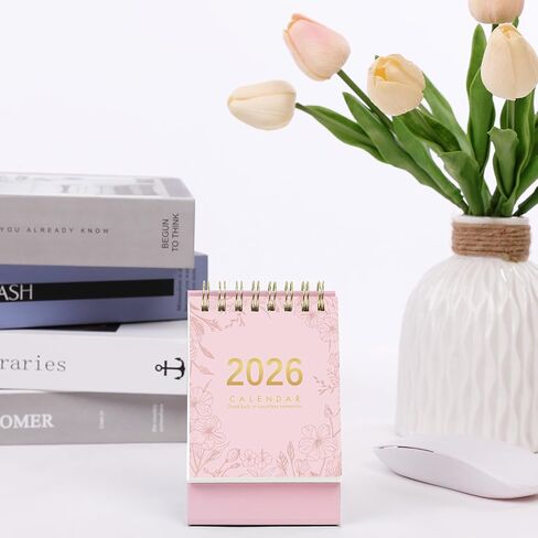 Mini Desk Calendar, 2025-2026 Small Desk Calendar, June 2025 to December 2026, 19 Monthly, Mini Standing Flip Calendar, Thick Paper Twin-Wire Binding, Desktop Calendar for Office or Home (Pink) in Saudi Arabia