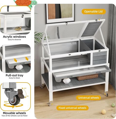 DWVO Large Tortoise Habitat with Storage Shelf & Leakproof Tray, Tortoise Cage with Legs & Wheels, Solid Wood Openable Roof Turtle Box Enclosure w Lamp Holder, Indoor Outdoor Reptile Terrarium House in Saudi Arabia