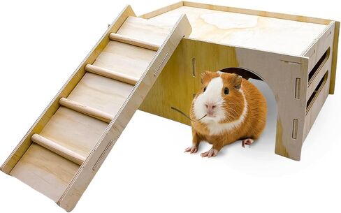 Hamiledyi Wooden Guinea Pig House 2-Chamber Hideout Castle with Ladder for Chinchilla Hedgehog Ferret Squirrel Dwarf Rabbit Bunny Hamster in Saudi Arabia