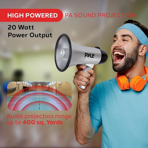 PYLE-PRO مكبر صوت محمول مكبر صوت Siren Bullhorn - مدمج ويعمل بالبطارية بقوة 20 وات، ميكروفون، وضعين، صوت PA ومقبض قابل للطي للتشجيع واستخدام الشرطة - PMP23SL (فضي) in Saudi Arabia