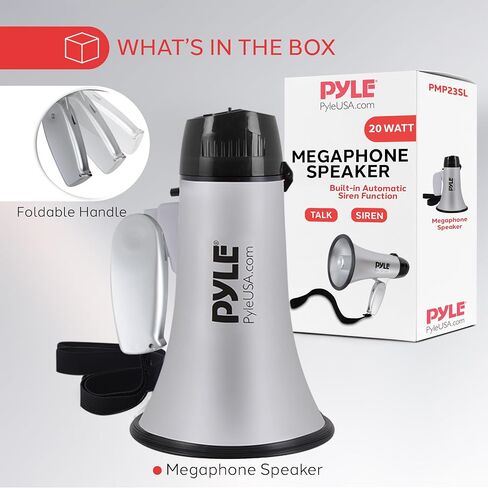 PYLE-PRO مكبر صوت محمول مكبر صوت Siren Bullhorn - مدمج ويعمل بالبطارية بقوة 20 وات، ميكروفون، وضعين، صوت PA ومقبض قابل للطي للتشجيع واستخدام الشرطة - PMP23SL (فضي) in Saudi Arabia