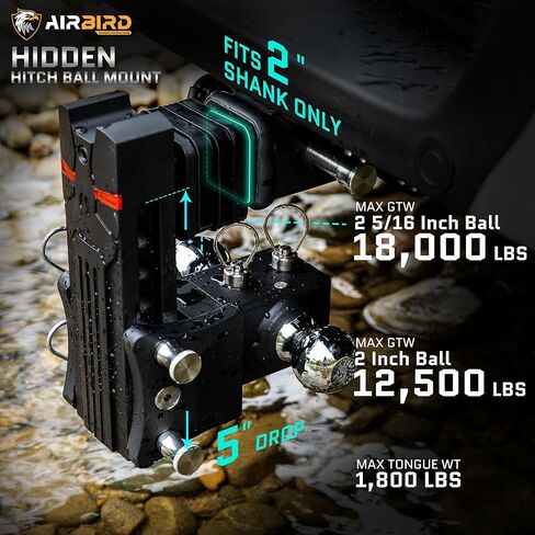 حامل كرة وصلة مقطورة قابل للتعديل من Airbird مع كرة مزدوجة 2 بوصة و2-5/16 بوصة، قطرة 5 بوصة، تناسب فقط جهاز استقبال وصلة ربط 2.5 بوصة، 20,000 رطل GTW - 722505 (2.5 بوصة 7 قطرة)... in Kuwait