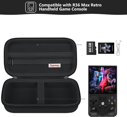 Supmay Carrying Case متوافقة مع وحدة التحكم في لعبة R36 Max Retro باليد ، حقيبة سفر في ألعاب الفيديو مع شحن كابل ، بطاقة TF ، يدوي ، أسود in Saudi Arabia