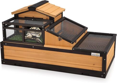 3-Room Large Tortoise Habitat with Pull-Out Tray, Wooden Tortoise Enclosure Indoor & Outdoor with Ramp, Grass Mat, Openable Roof, Luxurious Reptile Enclosure for Small Animals, Yellow in Saudi Arabia