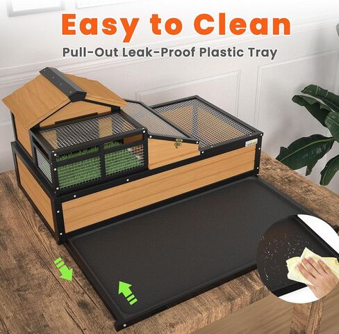 3-Room Large Tortoise Habitat with Pull-Out Tray, Wooden Tortoise Enclosure Indoor & Outdoor with Ramp, Grass Mat, Openable Roof, Luxurious Reptile Enclosure for Small Animals, Yellow in Saudi Arabia