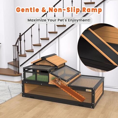 3-Room Large Tortoise Habitat with Pull-Out Tray, Wooden Tortoise Enclosure Indoor & Outdoor with Ramp, Grass Mat, Openable Roof, Luxurious Reptile Enclosure for Small Animals, Yellow in Saudi Arabia