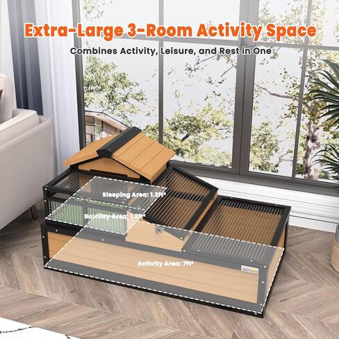 3-Room Large Tortoise Habitat with Pull-Out Tray, Wooden Tortoise Enclosure Indoor & Outdoor with Ramp, Grass Mat, Openable Roof, Luxurious Reptile Enclosure for Small Animals, Yellow in Saudi Arabia